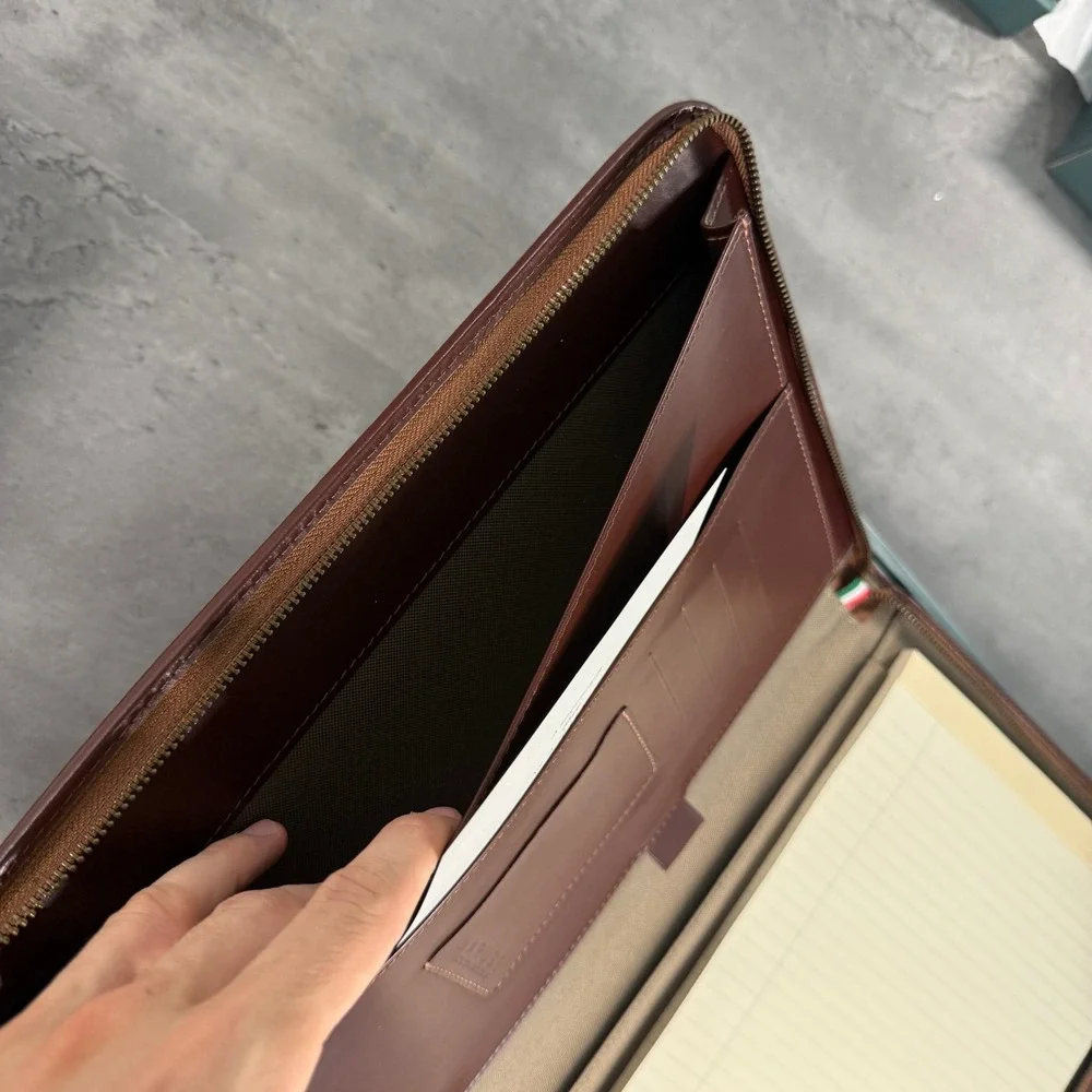 Maruse Portfolio Dark Brown Italian Leather Zippered Document Holder Notepad